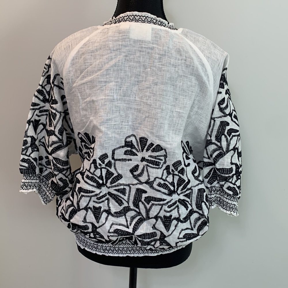 Chicos Black White Linen Embroidered Aztec Bomber Jacket Size 2 or Large - Picture 5 of 8